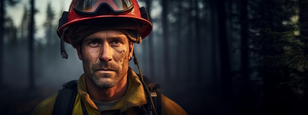 A man firefighter stands on the background of a forest fire Generative AI