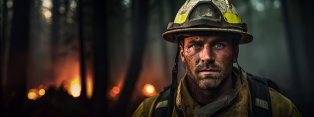 森林火災の背景に立つ男性消防士 生成 AI