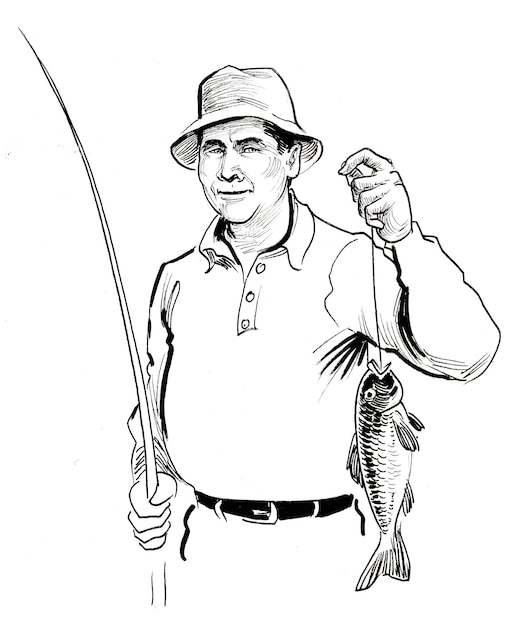 Man fish fish and fishing rod. Ink black and white drawing