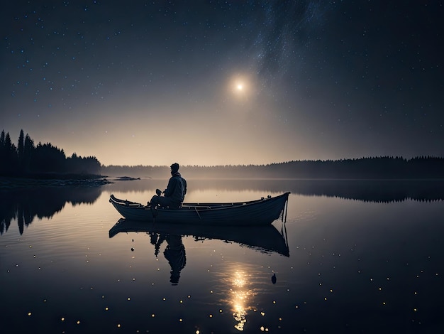 Man fishing in a boat on a foggy misty lake ai generative