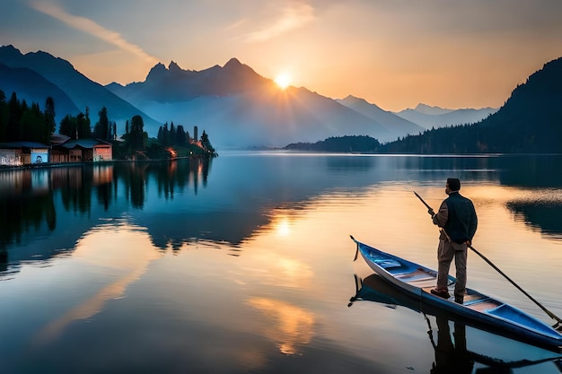 A man fishing on a boat in front of a mountain lake