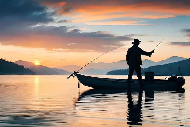 A man fishing in a boat at sunset