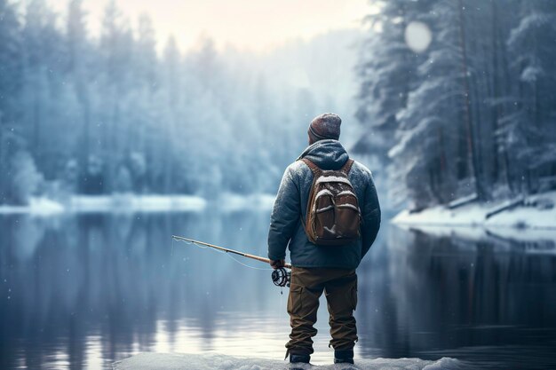 Photo man fishing fishing in a winter forest