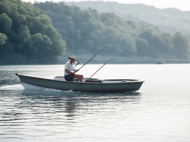 Man fishing from boat on lake