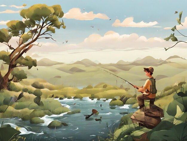 Photo a man fishing in lake natural landscape scenery vector illustration kids
