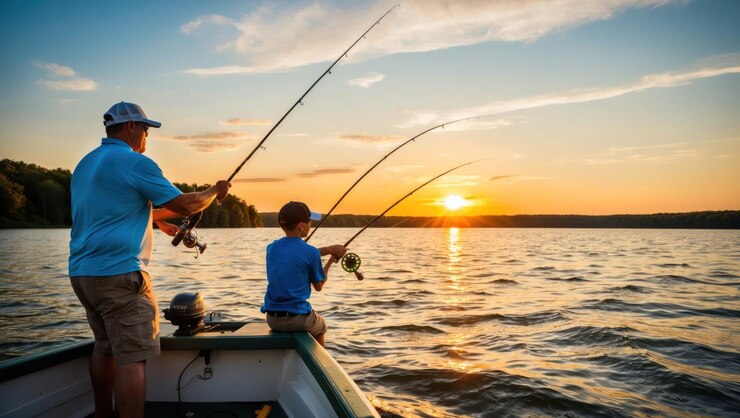 Photo man fishing on a lake at sunset perfect for outdoor and leisure concepts