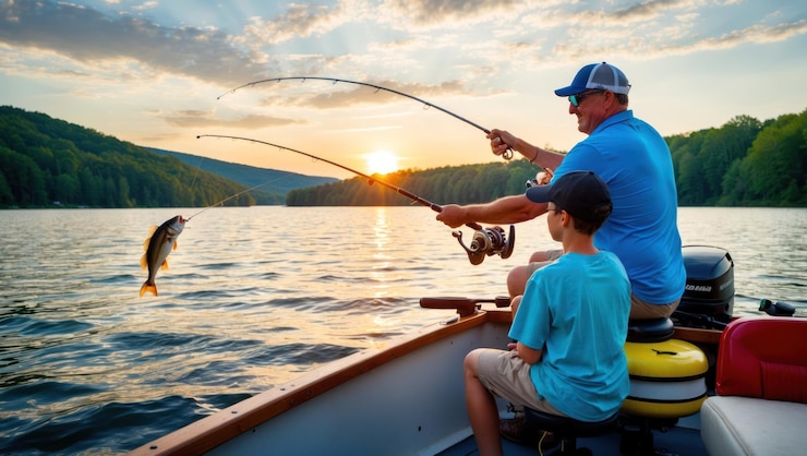 Photo man fishing on a lake at sunset perfect for outdoor and leisure concepts
