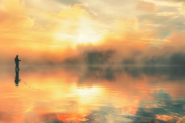 Foto un uomo che pesca su un lago al tramonto