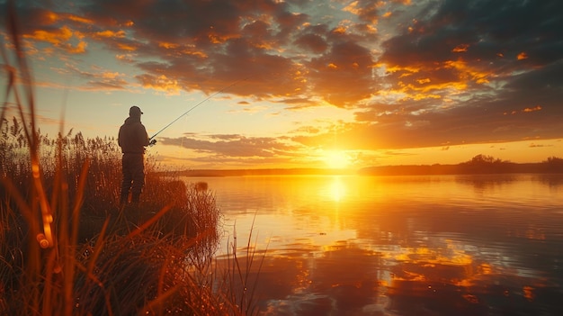 Photo man fishing on lake at sunset