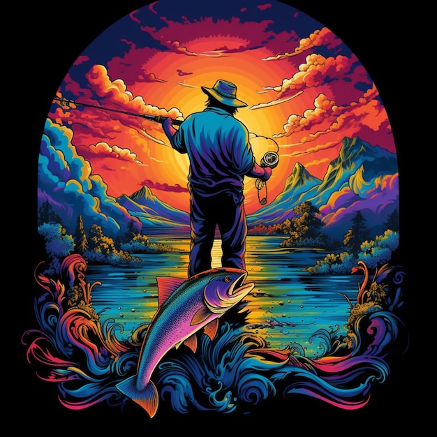 a man fishing in a lake with a rainbow colored sunset generative ai