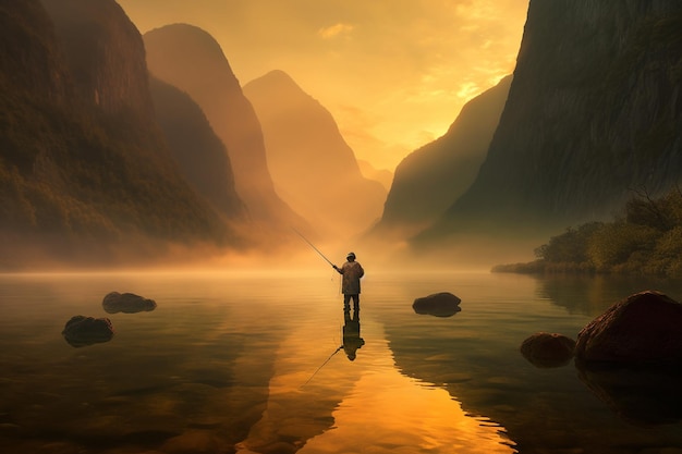 A man fishing in a mountain lake