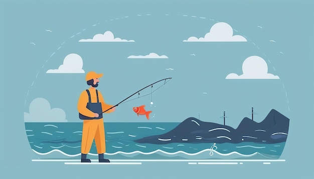 a man fishing in the ocean with a fish in his hand