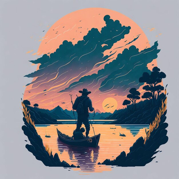 a man fishing in a river sunset tshirt design