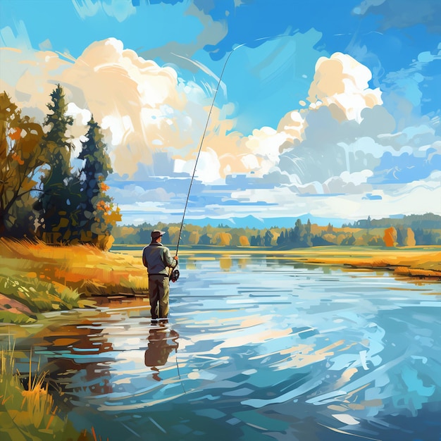 Photo a man fishing in the river with beautiful landscape