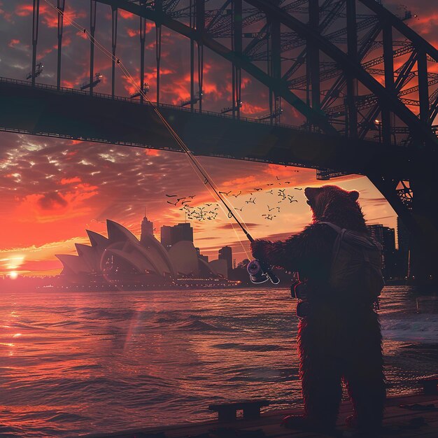 Photo a man fishing with a red sunset in the background