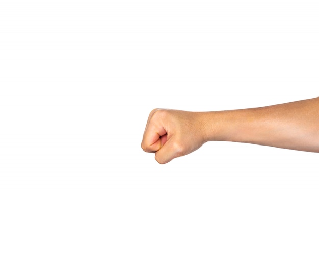 Man fist pointing straight out on white background