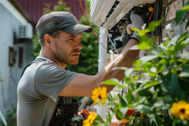 Photo man fixing air conditioner outdoors wearing a baseball cap and tshirt