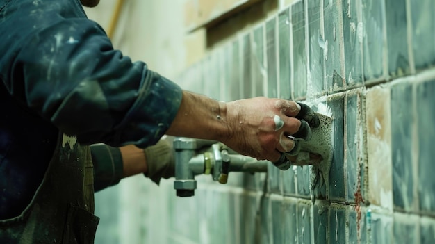 Photo man fixing faucet on brick wall ideal for plumbing services promotion