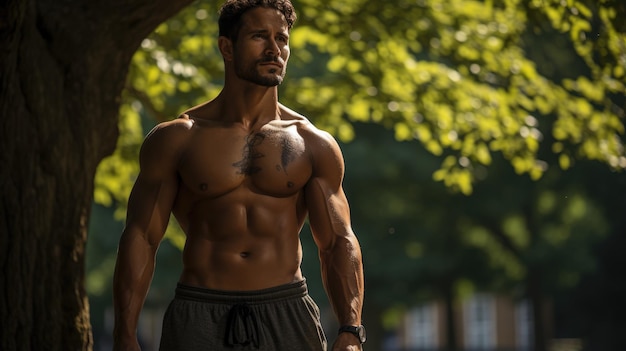 A man flexing his muscles in a quiet park setting