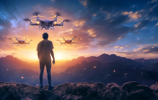 A man flies a quadcopter over a beautiful landscape at sunset Modern technology