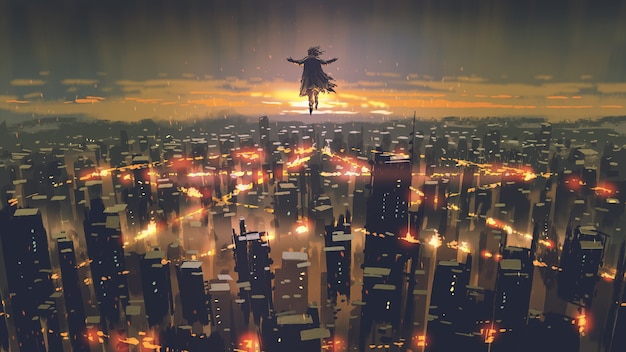 man floating in the sky and destroys the city with evil power, digital art style, illustration painting