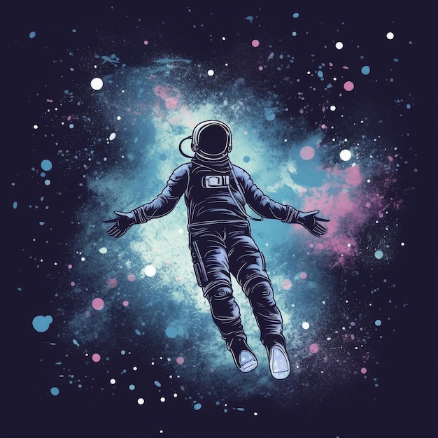 man floating in space with a galaxy background tshirt