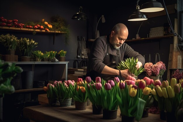 Man florist preparing and decorating bouquet in flower shop