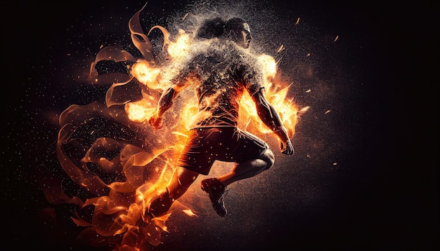 Photo a man flying in the air with fire on his back