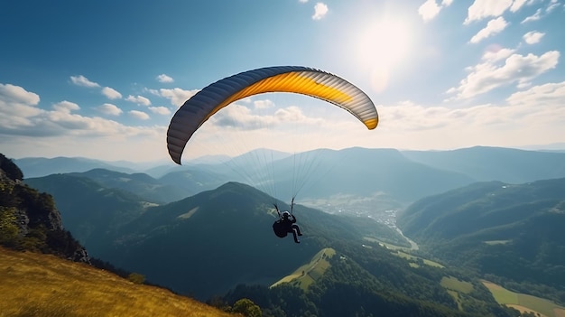 Man flying back view the paragliding alone at sunny