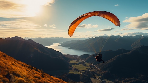 Man flying back view the paragliding alone at sunny