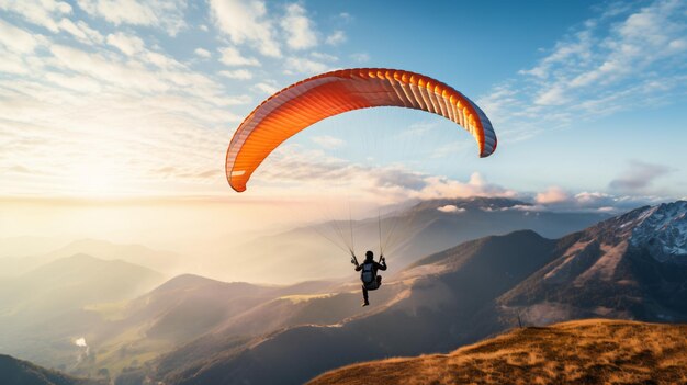 Man flying back view the paragliding alone at sunny