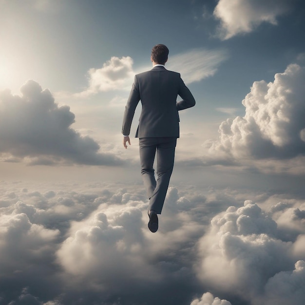 Man flying on cloudy sky