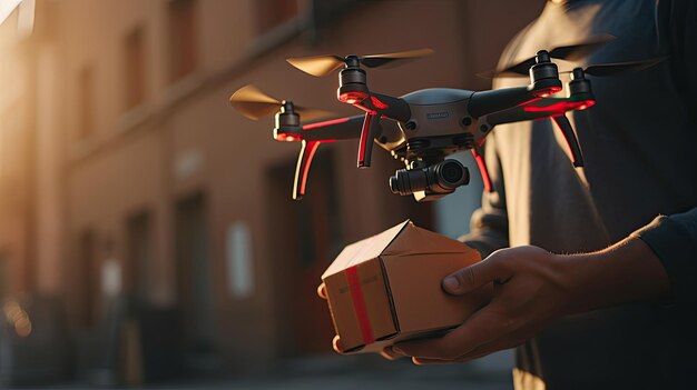 A man flying a drone with a box