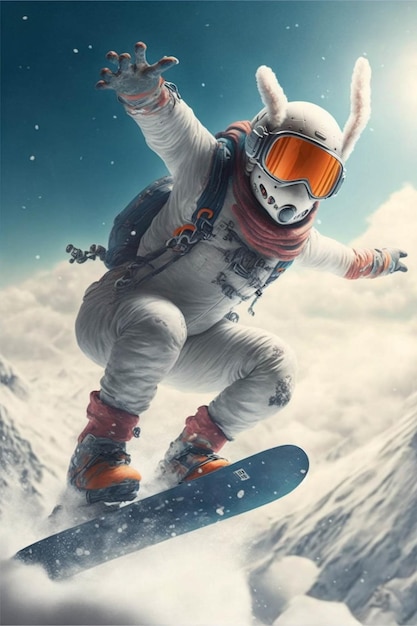 Man flying through the air while riding a snowboard generative ai