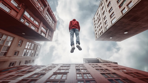 A man flying through the sky above buildings