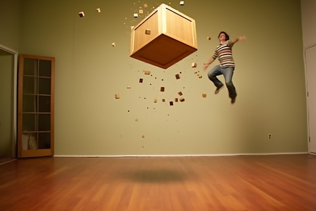 man flying with box