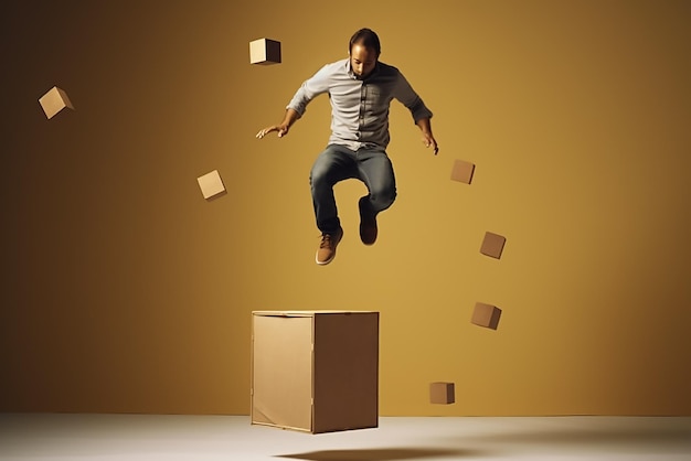 man flying with box