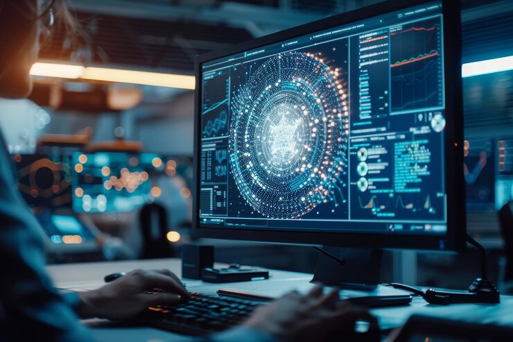 Photo a man focused on a computer monitor displaying a lecture on quantum physics a computer screen displaying a lecture on quantum physics