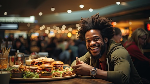 a man at the food court with big plate of burgers