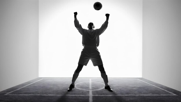 Man football soccer player silhouette in studio isolated on white stands with a ball victory