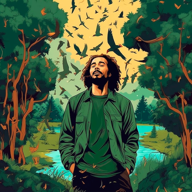 man in forest with birds flying afro dreads GENERATED AI