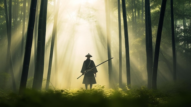 A man in a forest with a hat and a sword