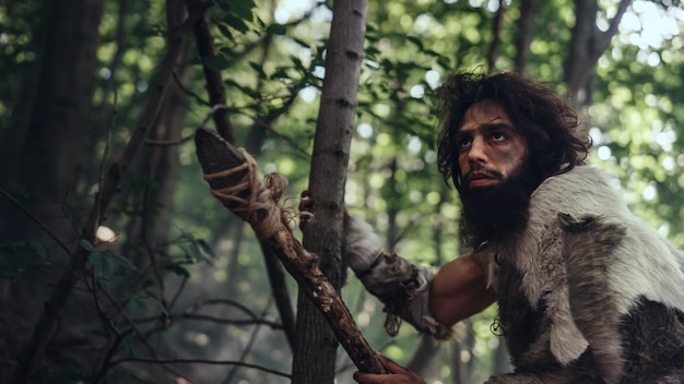 Photo a man in a forest with a spear in his hand