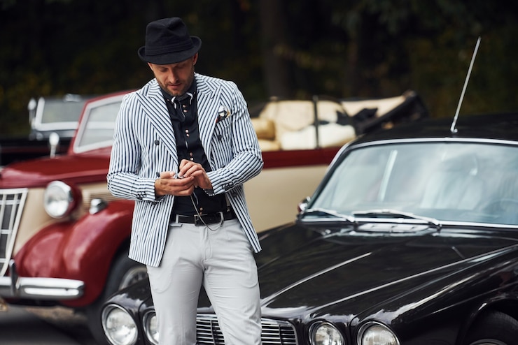 Photo man in formal clothes and black hat stands near retro automobiles.