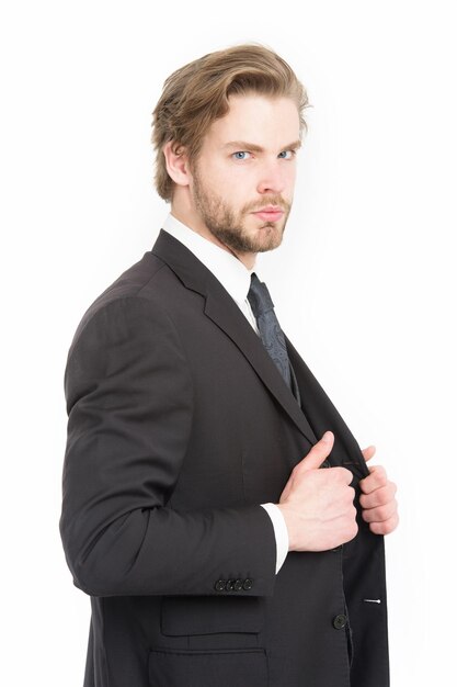 Man in formal outfit isolated on white Businessman or ceo in black jacket Manager with beard on serious face Business and success Fashion and beauty