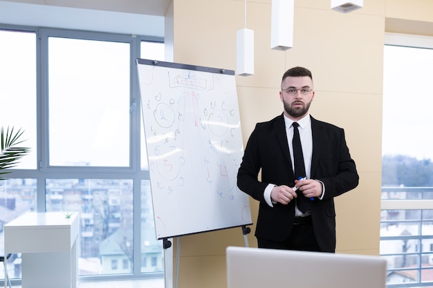Man in formal suit holds meeting and makes a strategy meeting briefing on whiteboard