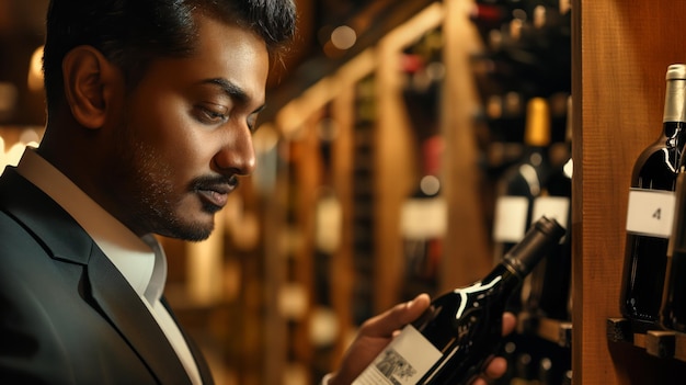 Photo man in formal wear and beard looks at a bottle on shelf in wine cellar