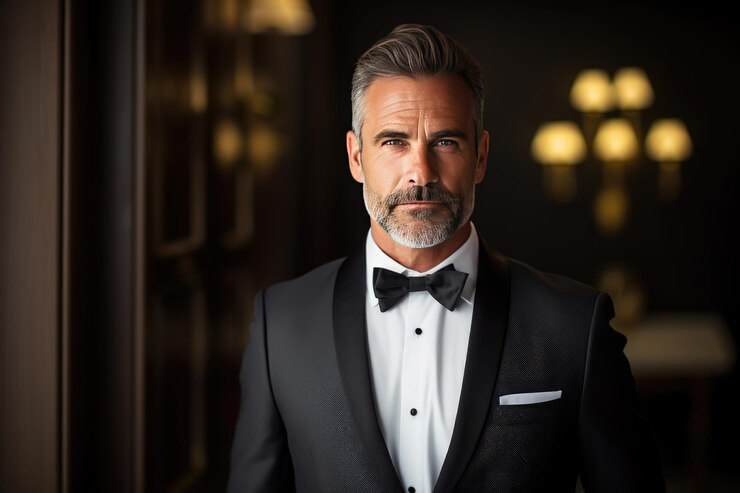 Photo man in formal wear with bow tie and blazer a true gentleman wearing tuxedo dress shirt and stylish bow handsome with a beard exuding elegance and charm