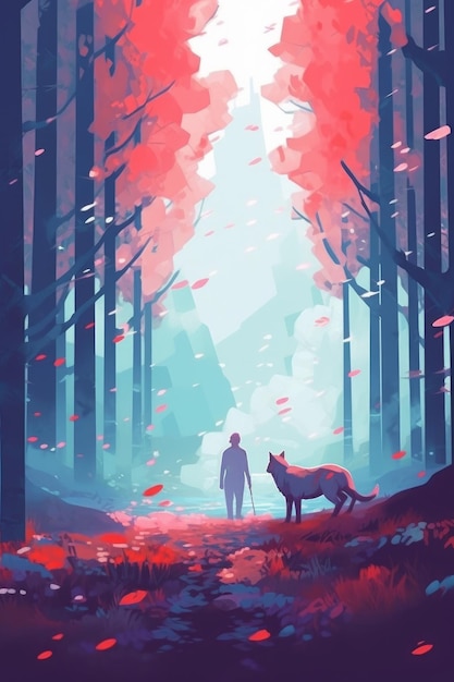 A man and a fox in a forest