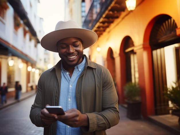 man from Colombia using smartphone for online communication